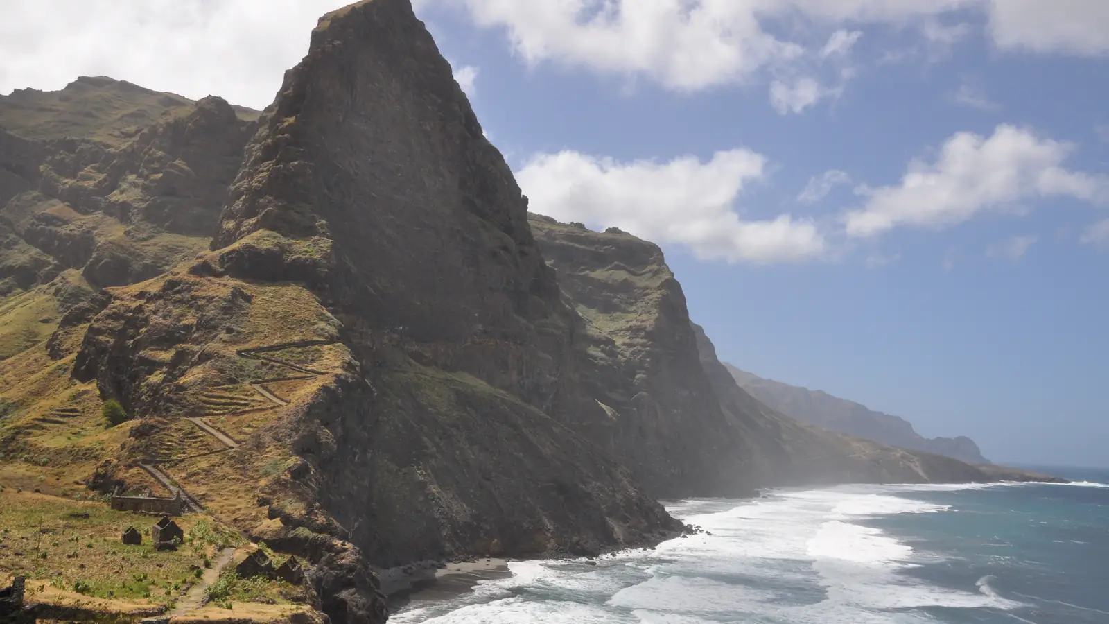 Santo Antão — Dramatic green mountain ridges meeting the Atlantic on Santo Antão, Cape Verde